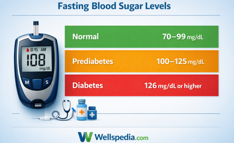 Fasting blood sugar chart showing Normal (70–99 mg/dL), Prediabetes (100–125 mg/dL), and Diabetes (126+ mg/dL) ranges with glucose meter – Wellspedia.com