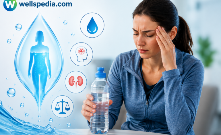 Understanding Overhydration infographic showing a woman with headache symptoms caused by drinking too much water, with Wellspedia.com branding.
