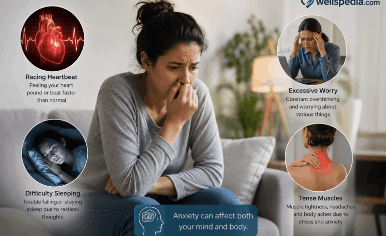 Realistic healthcare illustration of a person experiencing anxiety with signs of racing heartbeat, tense muscles, difficulty sleeping, and excessive worry