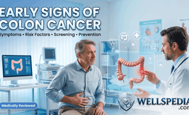 Doctor explaining the early signs of colon cancer to a patient using a 3D colon model during a medical consultation.