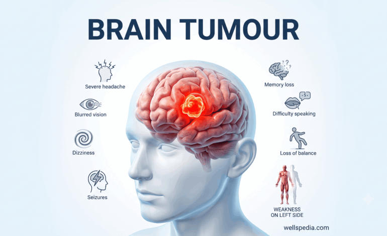 Person experiencing headache, blurred vision, dizziness, and other early signs of a brain tumour.