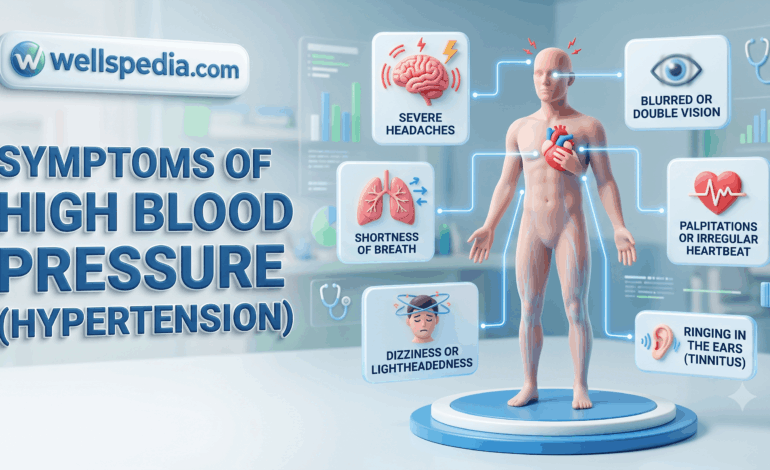 High Blood Pressure symptoms infographic showing blood pressure monitor, healthy heart, hypertension causes, treatment, and prevention with Wellspedia.com logo