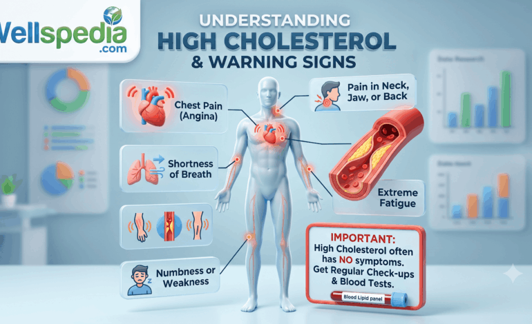 High cholesterol symptoms infographic showing blocked arteries, healthy heart, cholesterol testing, and heart disease prevention.