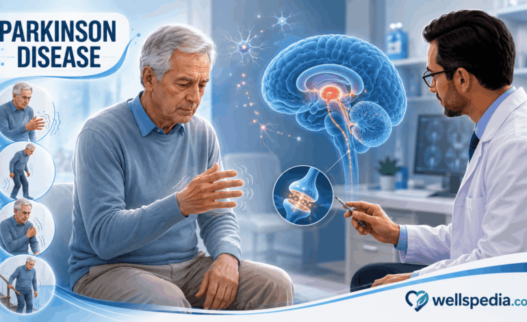 Early signs of Parkinson disease including hand tremor and neurological assessment by a doctor in a modern clinical setting.