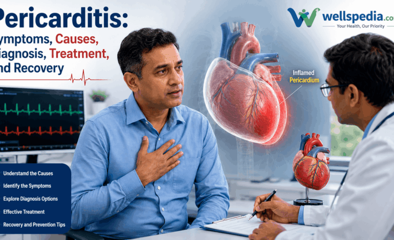 Medical illustration of pericarditis showing inflammation of the pericardium surrounding the heart during a cardiology consultation.