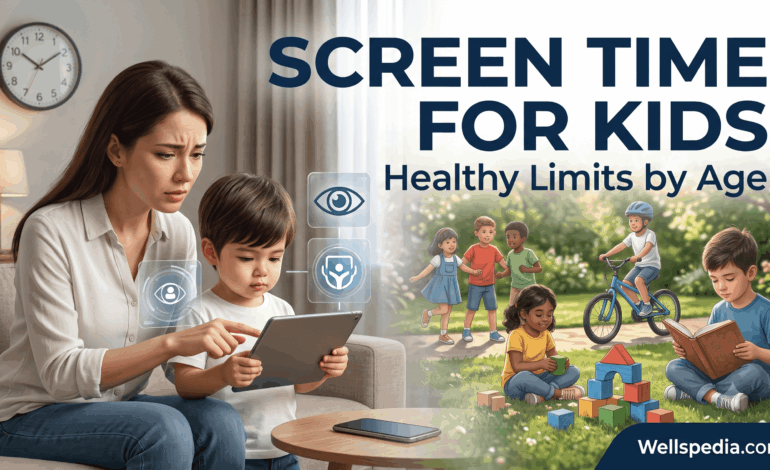 Child using a tablet with a parent encouraging healthy screen time limits and outdoor activities for better eye health and development.