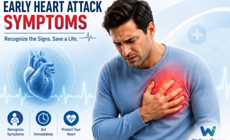 Early signs of a heart attack including chest pain and shortness of breath