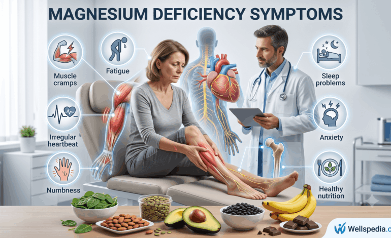 Magnesium deficiency symptoms showing muscle cramps, fatigue, irregular heartbeat, and magnesium-rich foods in a medical consultation setting.