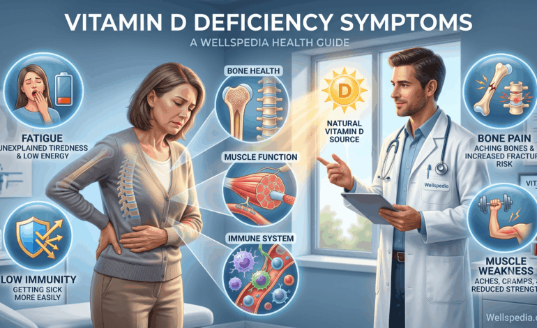 Vitamin D deficiency symptoms including fatigue, bone pain, muscle weakness, and low immunity.